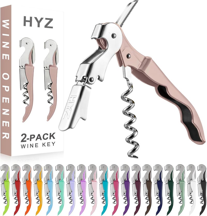 HYZ 2-Pack Wine Opener Waiter Corkscrew, Professional Wine Key for Servers, Bartender with Foil Cutter, Manual Wine Bottle Opener Double Hinged (Dark Pink) - Image 1